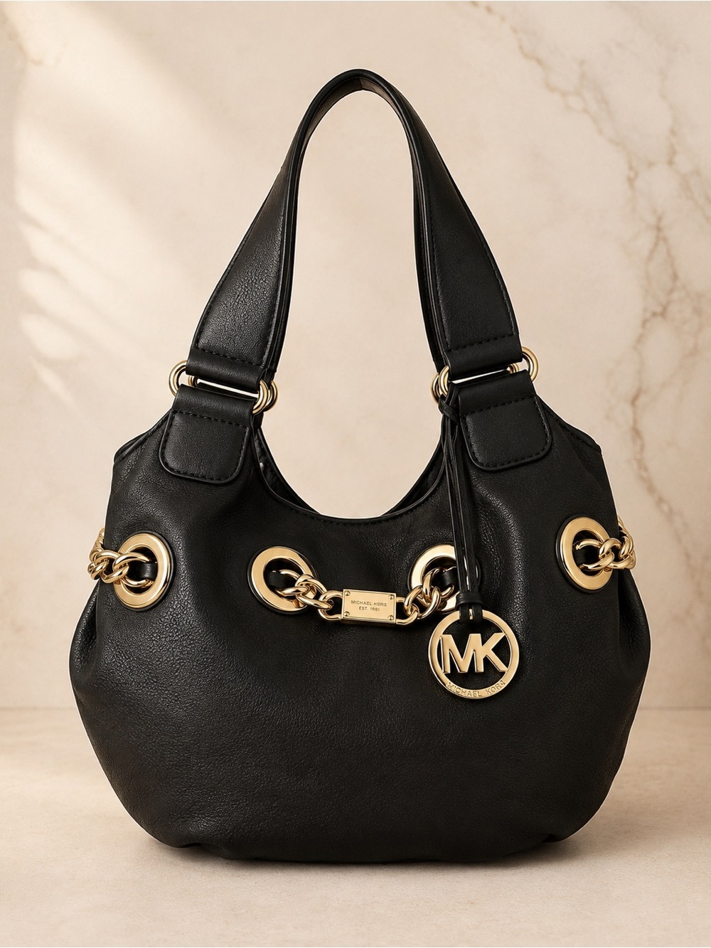Michael Kors Black Pebbled Leather Gold Chain Grommet Hobo Shoulder Bag